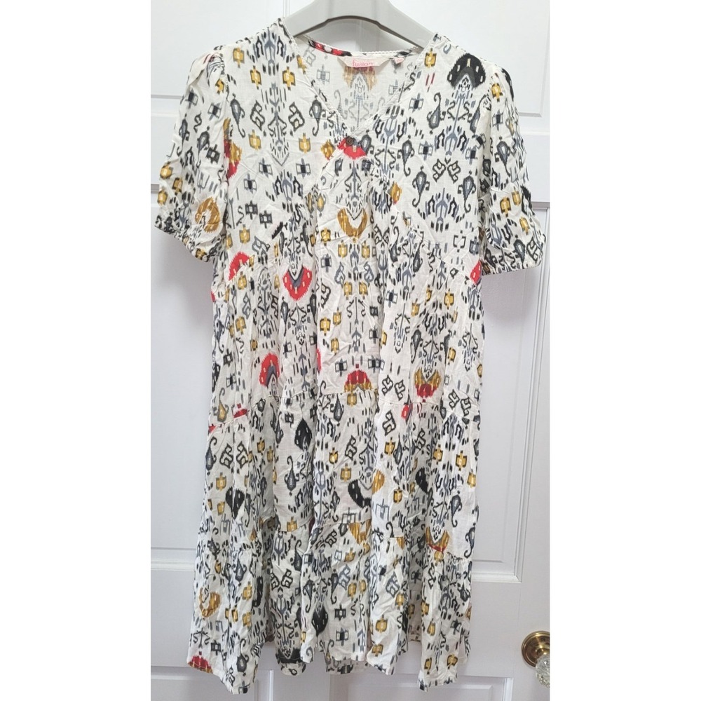 Fusion Women's 100% Viscose Ikat Print White Short Sleeve Dress - Size Large